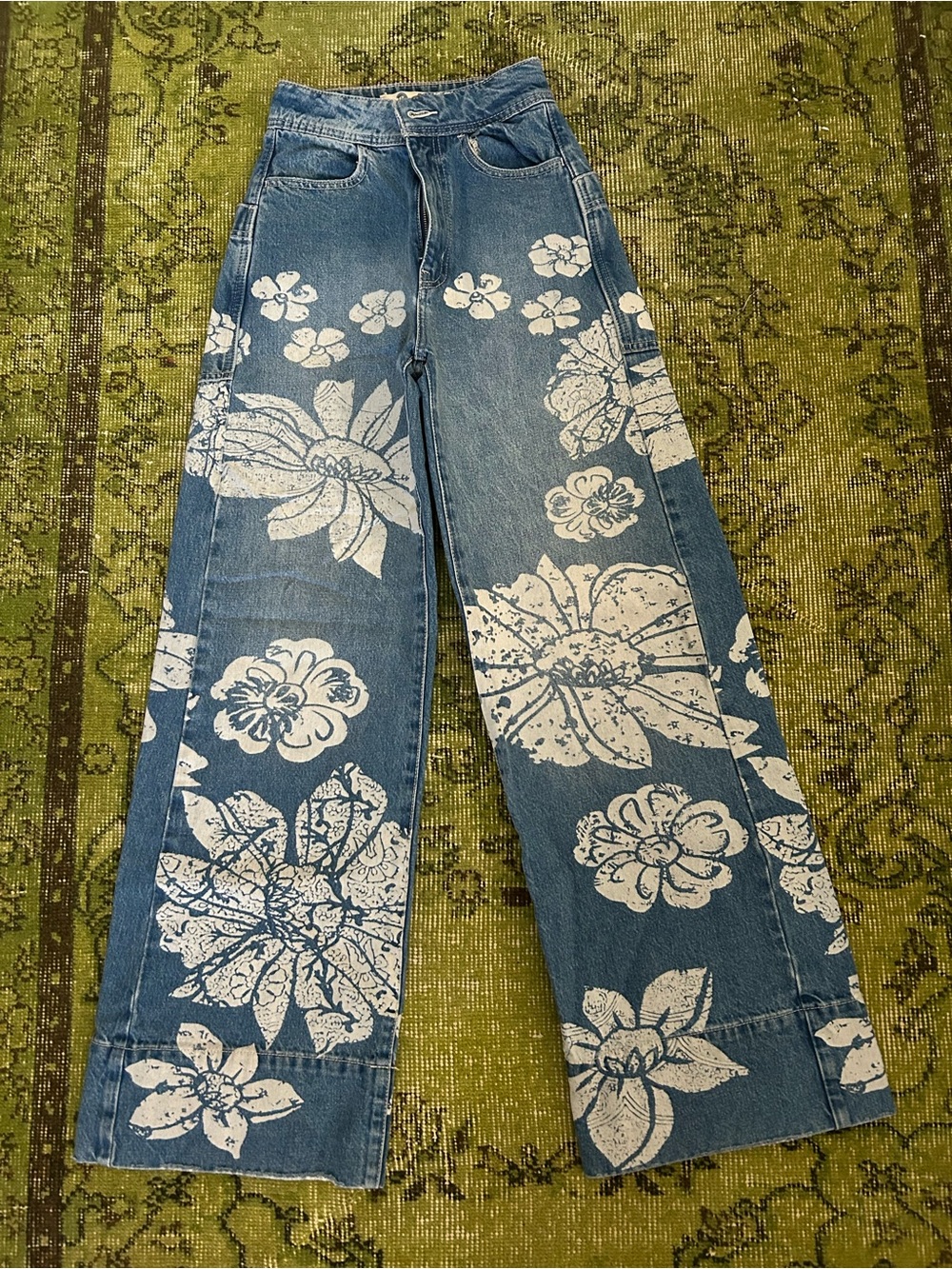 We The Free Blue Denim Wide-Leg Jeans with White Floral Print